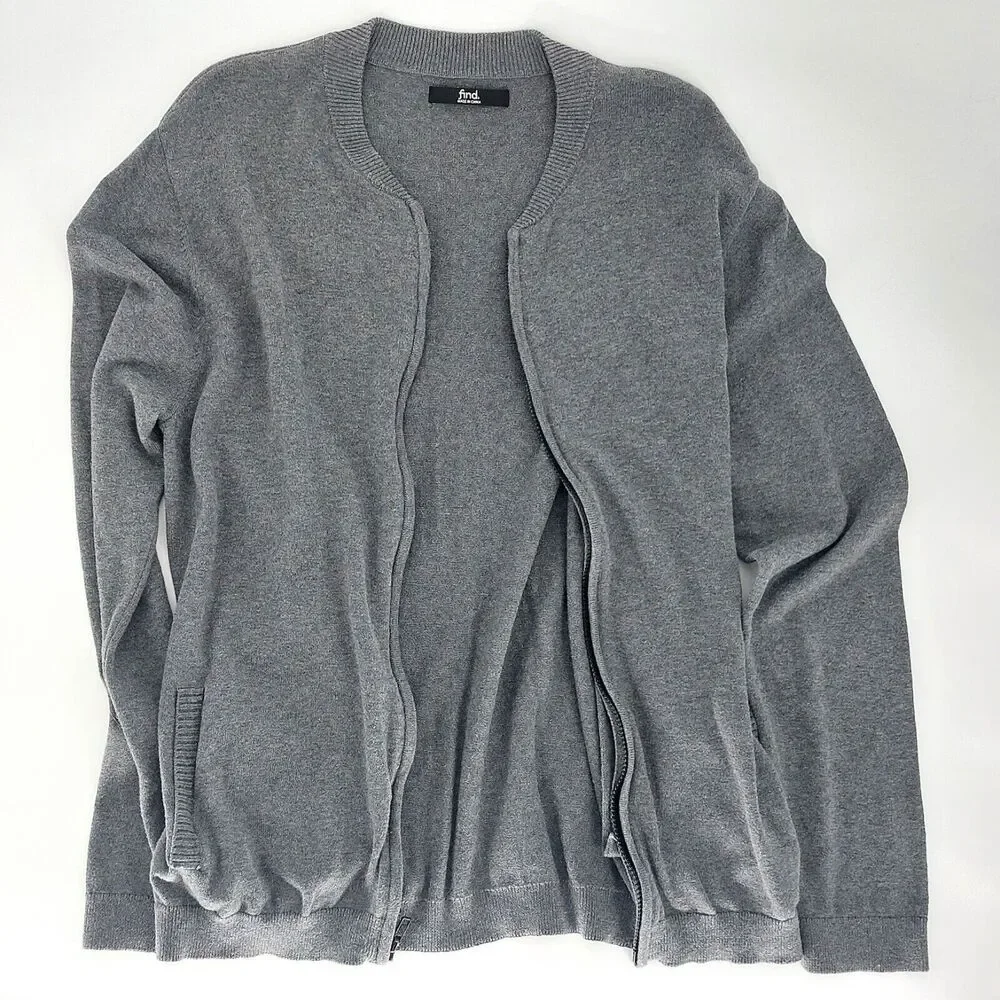 FIND Full Zip Sweater Mens Sz L Gray Cardigan Pockets Cozy Grandpacore Classic